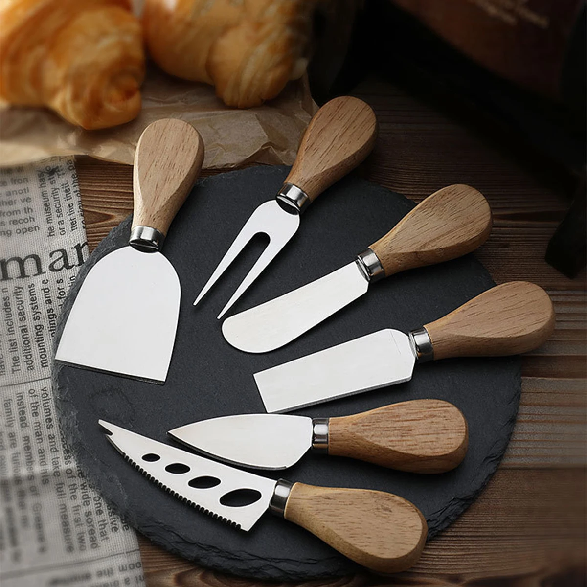 6-Piece Wooden Handle Stainless Steel Cheese Knife, Cheese Knife, Butter Knife, Pizza Knife, Cheese Fork, Butter and Cream