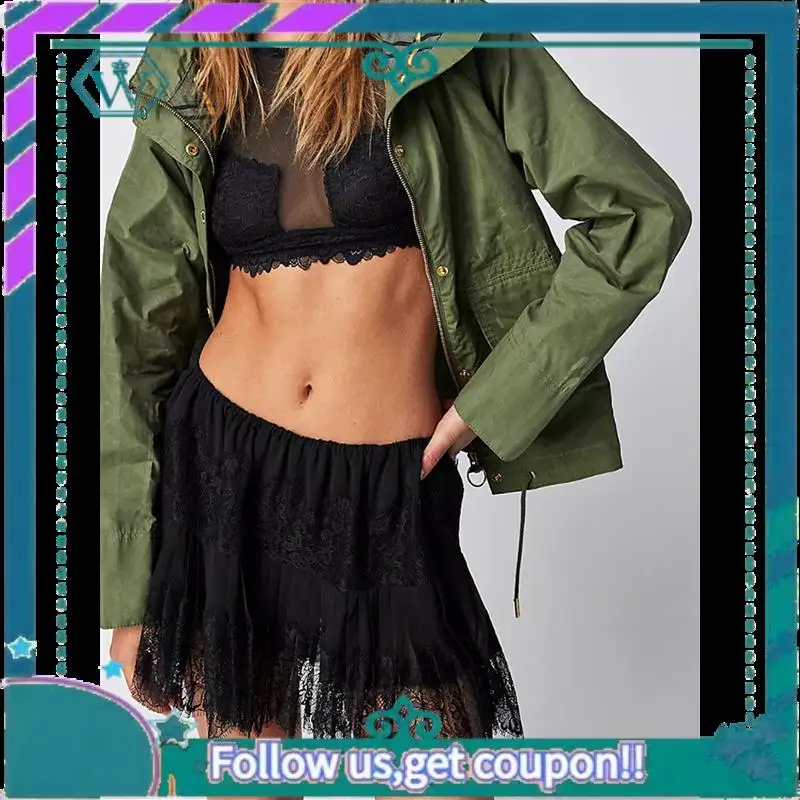 A09P レディース Y2K ハーフスリップスカート ローライズ プリーツ フリル レーストリム スカート レイヤード フローイ ショートスカート アンスコ