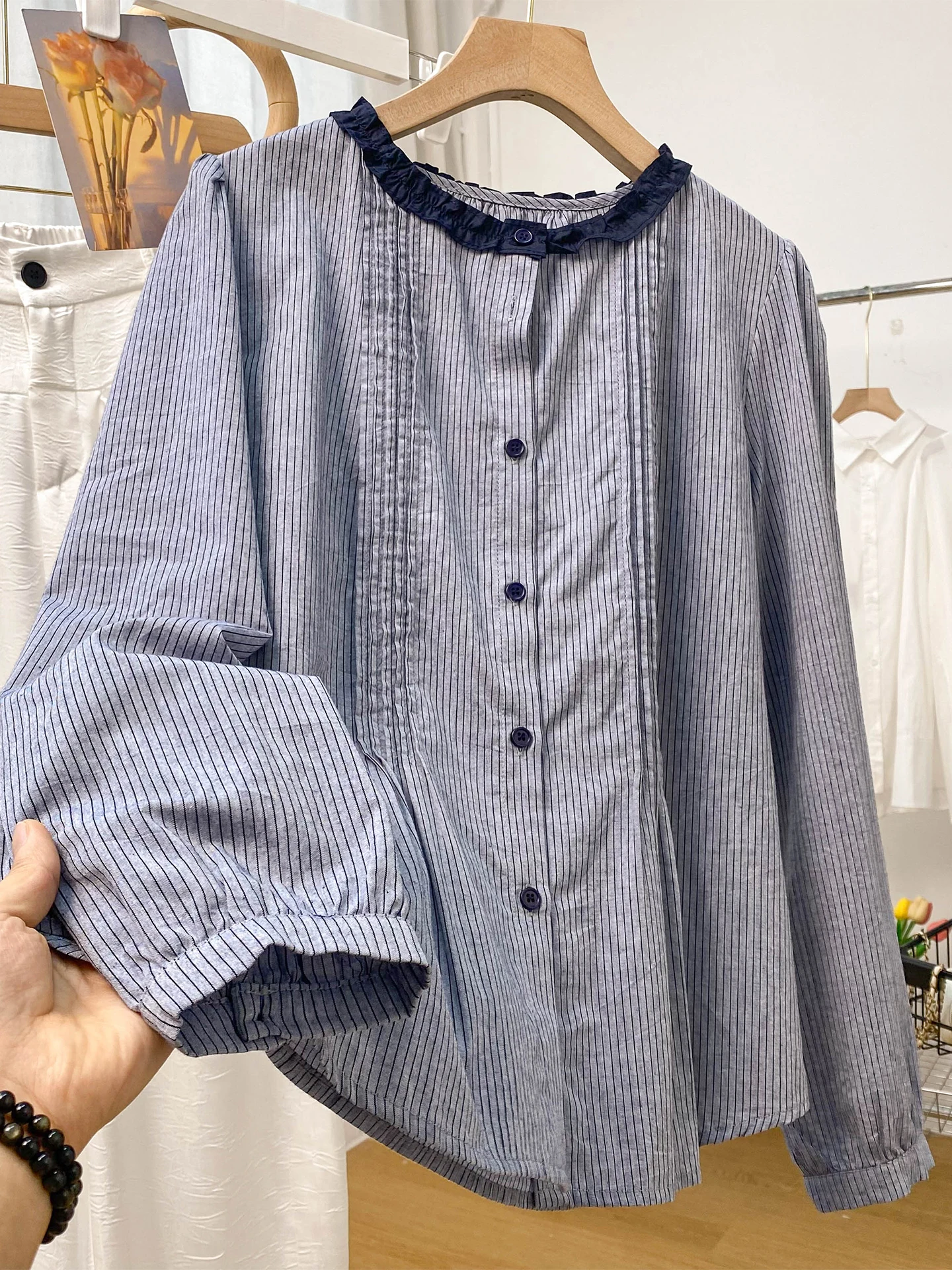 

Женский свободный повседневный полосатый топ irt Long Sve со сборками, весенне-осенний модный классический удобный дышащий топ