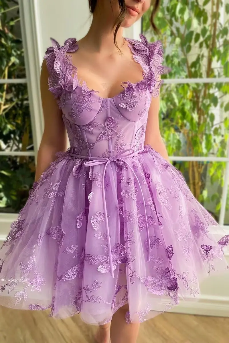 3D Butterfly Lace Stickers Tulle Sweet Mini Sweetheart Dress Graduation Party Birthday Ball Homecoming Dress Formal Dinner Dress