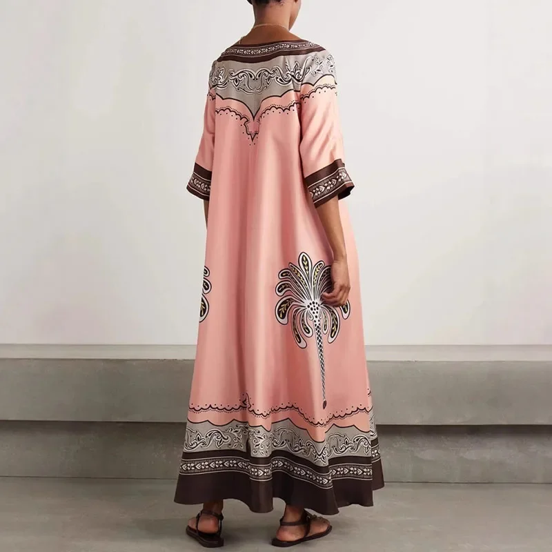 Jesienna sukienka satynowa z dekoltem w serek, długa, elegancka, luźna, w stylu retro, etniczna, codzienna, z rękawem do połowy, w stylu boho, idealna na plażę.