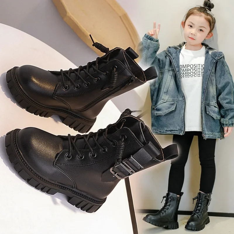 

2024 Autumn Children Boots Fashion Winter Child Leather Ankle Boots for Girls School Shoes Kids Child Girl Booties Lace-up 27-37