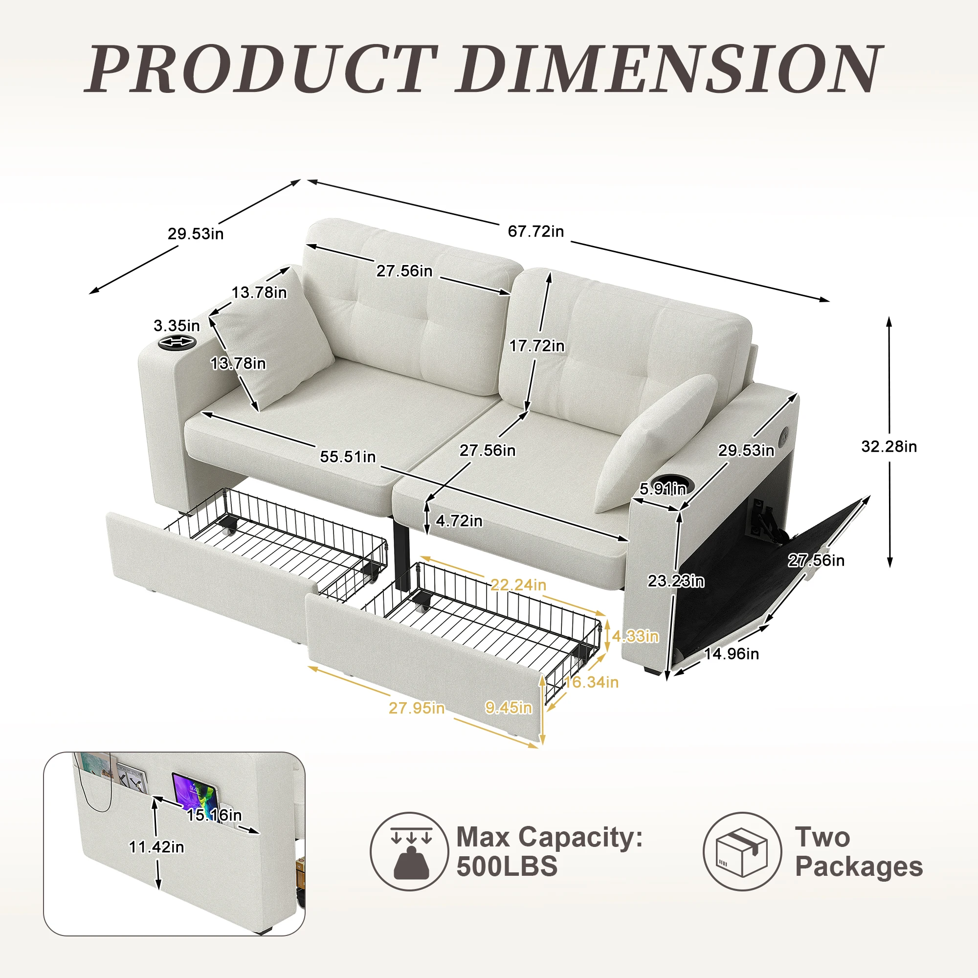 67.76-inch Chenille Sofa Featuring USB Charging Port Wooden Frame Storage Space and Cup Holder Modern Living Room Sofa Suitable For Apartments