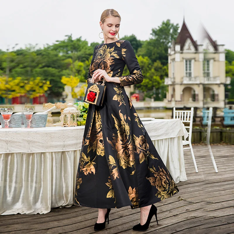 Elegant Female Long Maxi Jacquard Dress Pretty Dresses Women Evening Floral Vintage Ladis Party Fall Winter Clothes