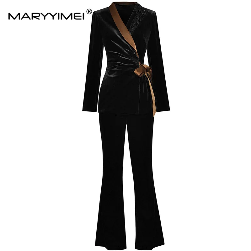 MARYYIMEI Fashion Runway Spring Winter Black Velvet suit Women Beading Long sleeve Bow Belt Top and Flare Pants Two Pieces Set