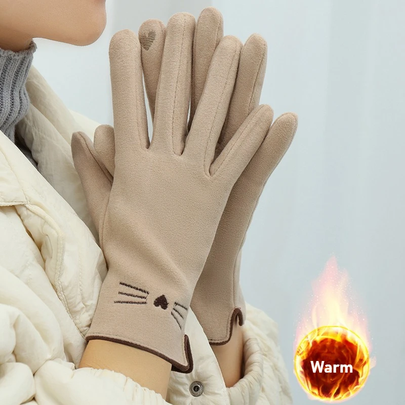 

New Winter Padded Warm Gloves Suede Leather Cycling Mittens Thickened Windproof Wrist Women Touch Screen Driving Ski Gloves