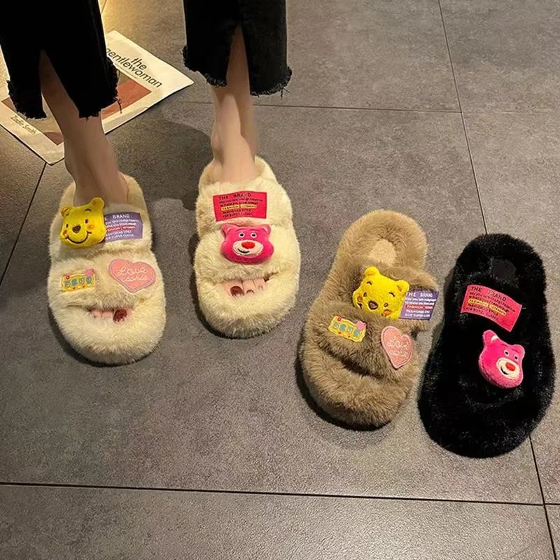 Strawberry Bear Lotso New Women's Fashion Cute Cartoon Wool Slippers Wear Winter Thick Bottom Home Cotton Slippers in Autumn
