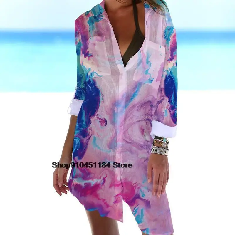 Summer Women Dress Shirt Tunics Chiffon Cardigan Long Sleeve Loose Beach Wear Cover Up Swimwear Vacation Sunscreen Blouse