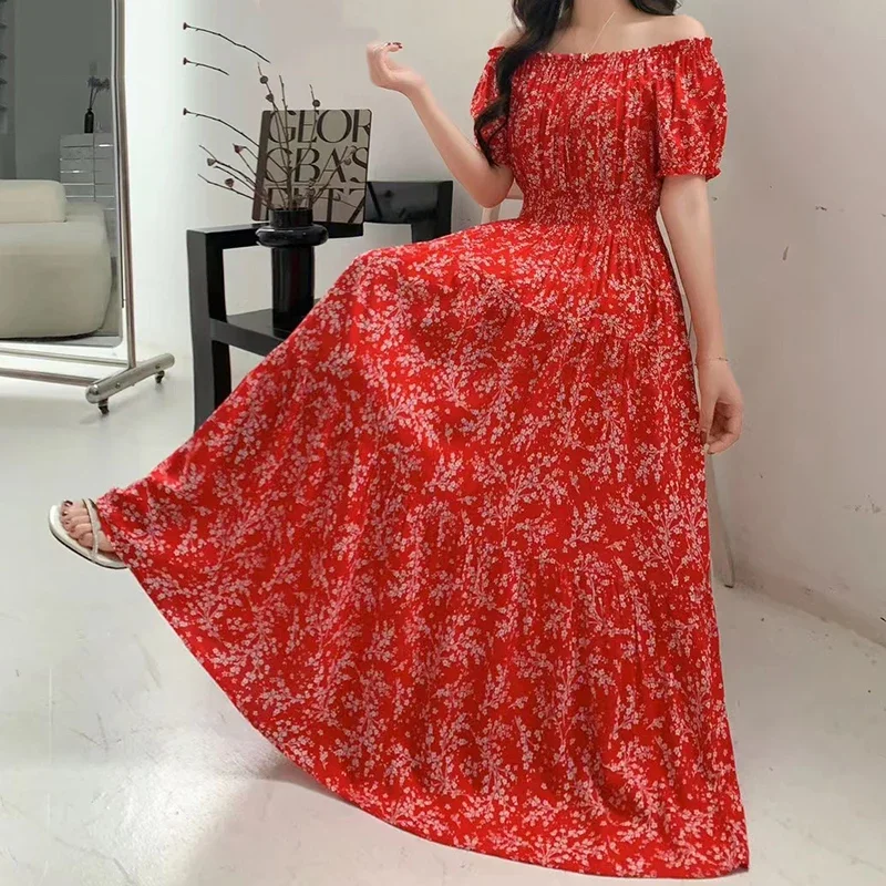 مثير مائل الرقبة فستان طويل المرأة الصيف الملابس الهندية البوهيمي القطن طباعة الأزهار بوهو الكورية الاسلوب المناسب تنورة كبيرة غير رسمية