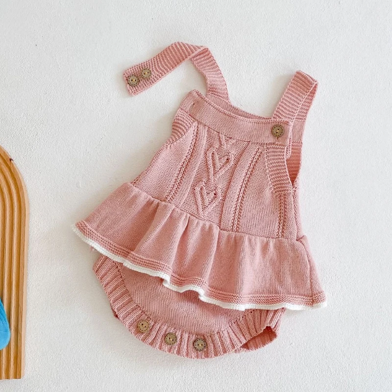 Neue Herbst-Babykleidung, Liebes-Lotusblatt-Overall für Mädchen im Alter von 0–3 Jahren, gestrickter Overall, dreieckiger Kletteranzug