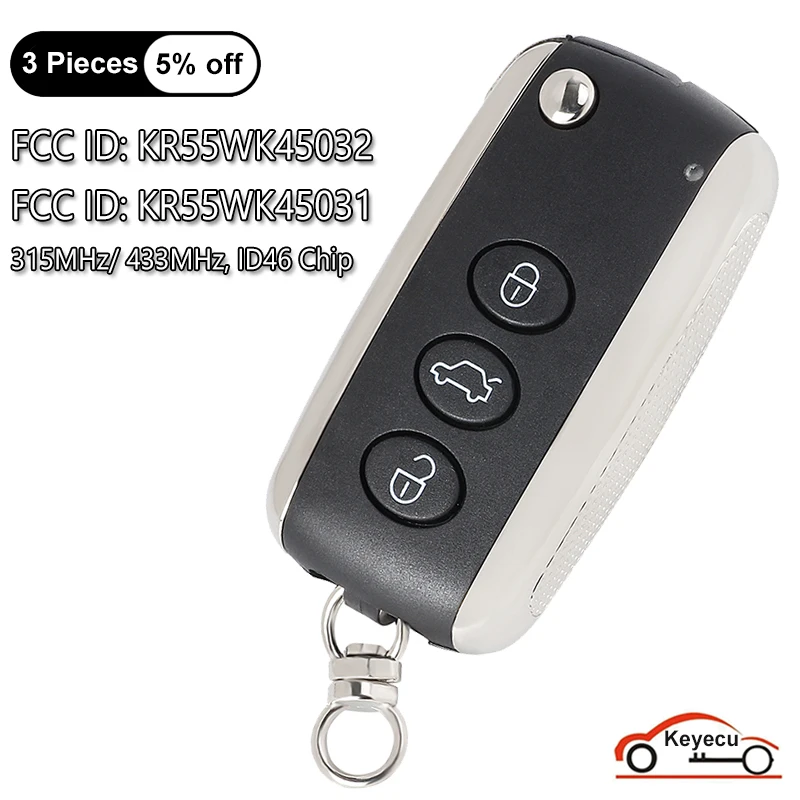 

KEYECU 3 Buttons 315MHz 433MHz ID46 Chip for Bentley Continental GT Flying Spur 2005-2016 Smart Flip Remote Key Fob KR55WK45032