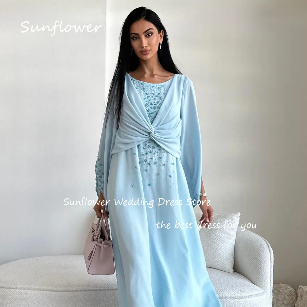 Girasole blu o-collo perline a-line abito da sera formale Arabia saudita 2024 abito da ballo lungo in Chiffon sottile alla caviglia