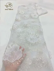 Tecido de renda frisada para vestido de casamento, 3d flores, tule francês, renda branca, rede africana, lantejoulas, luxo, alta qualidade, 2024