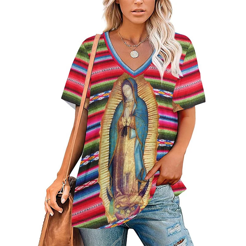 Summer Virgin Mary 3D Print T-shirts Retro Women V-Neck Casual T Shirt Y2k Top Harajuku Streetwear Oversized Tee Woman Clothing