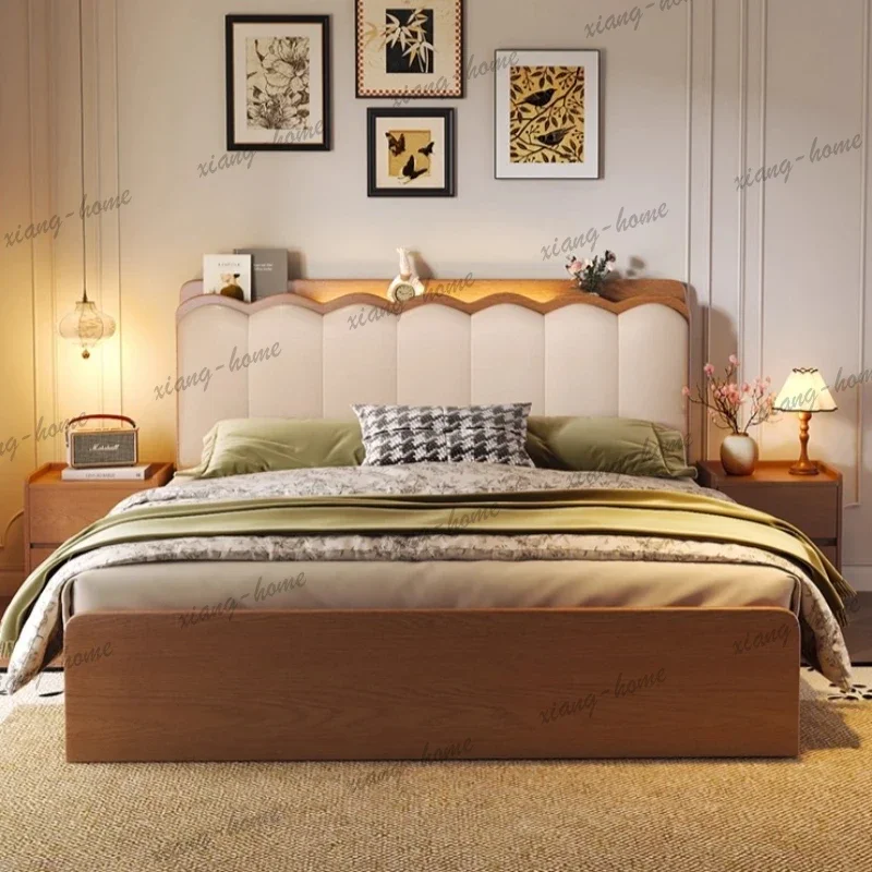 FG Walnut Color Bed Minimalist Modern Pneumatic High Box Storage Bed with Light and USB Charging Interface Furniture Bed 2 Peopl