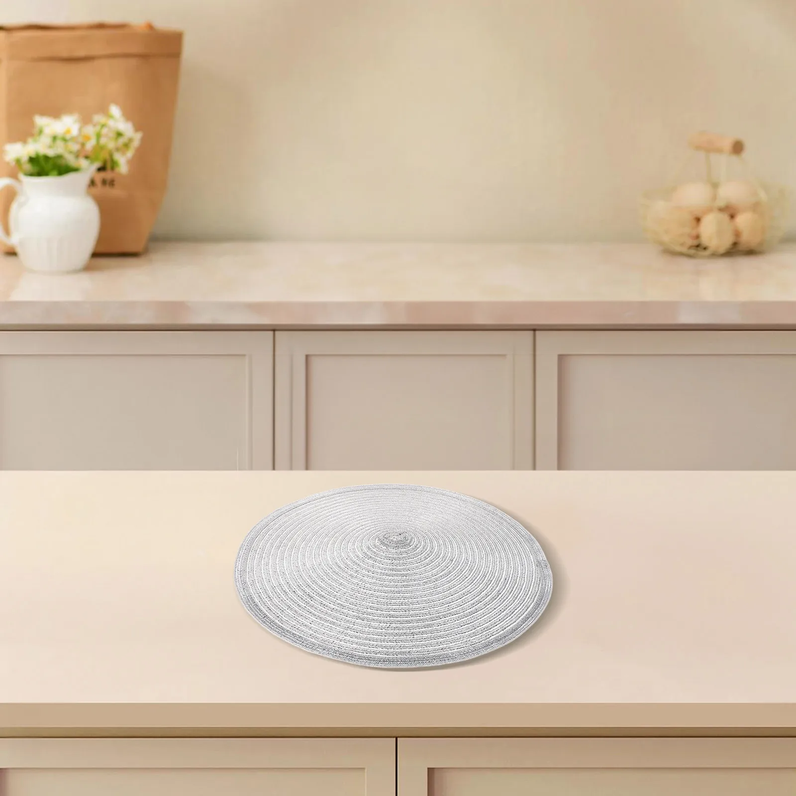 

6Pcs Woven Cotton Trivets Heat Resistant Table Protectors Stylish Round Placemats for Kitchen Dining 36Cm Silver