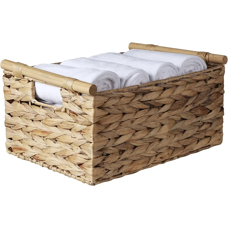 Large Rectangular Wicker Basket With Built-in Wooden Handles, Water Hyacinth Woven Basket for Organizing, Utility Shelves