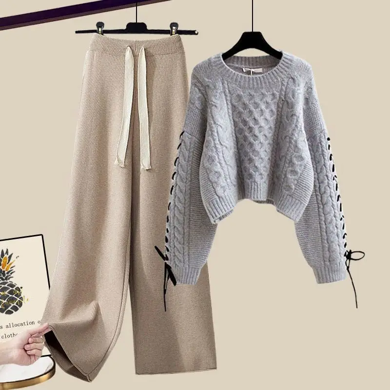 Autumn and winter women's set temperament knitted sweater+casual wide leg pants fashionable slim fit two-piece set trendy