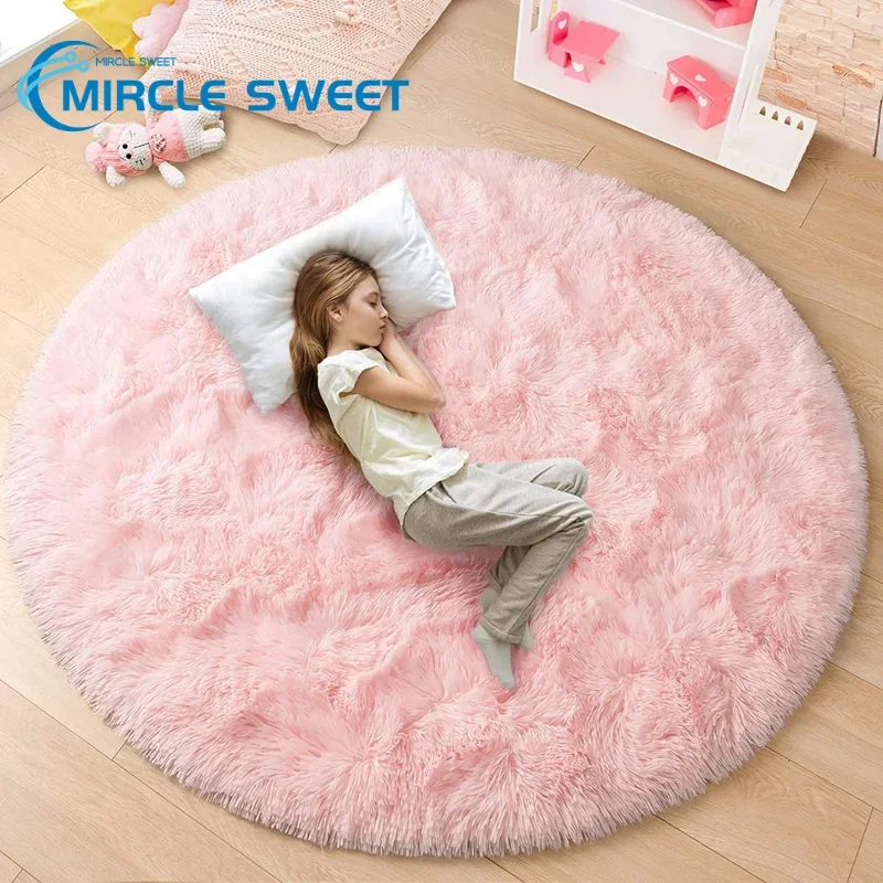 Pink Round Carpet Fluffy Soft Area Rugs for Kids Girls Room Princess Castle Plush Shaggy Carpet Cute Circle Nursery Rug Bedroom