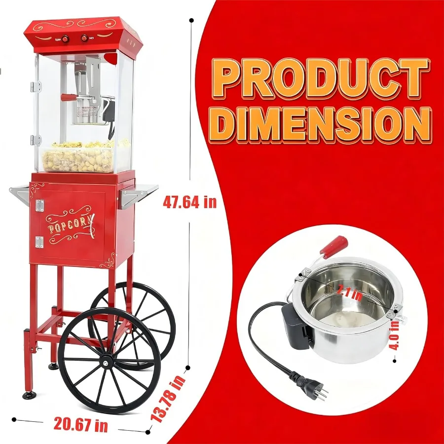 آلة صنع الفشار مع عجلات العربة 8 أوقية الفولاذ المقاوم للصدأ غلاية ماكينة صنع الفشار للمنزل مسرح نمط الحفلات عيد الميلاد سيلي #3