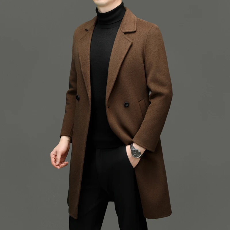 남성용 캐시미어 오버코트 겨울 필수품 클래식 블랙 카라멜 그레이 컬러 울 코트 신사 우아한 의상