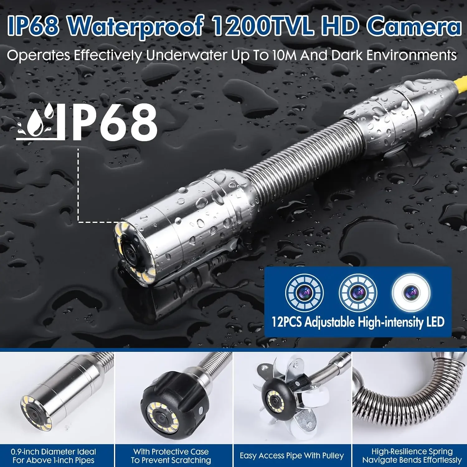 Sewer Snake Camera with Illuminator 100 ft/30 m, HD 4.3