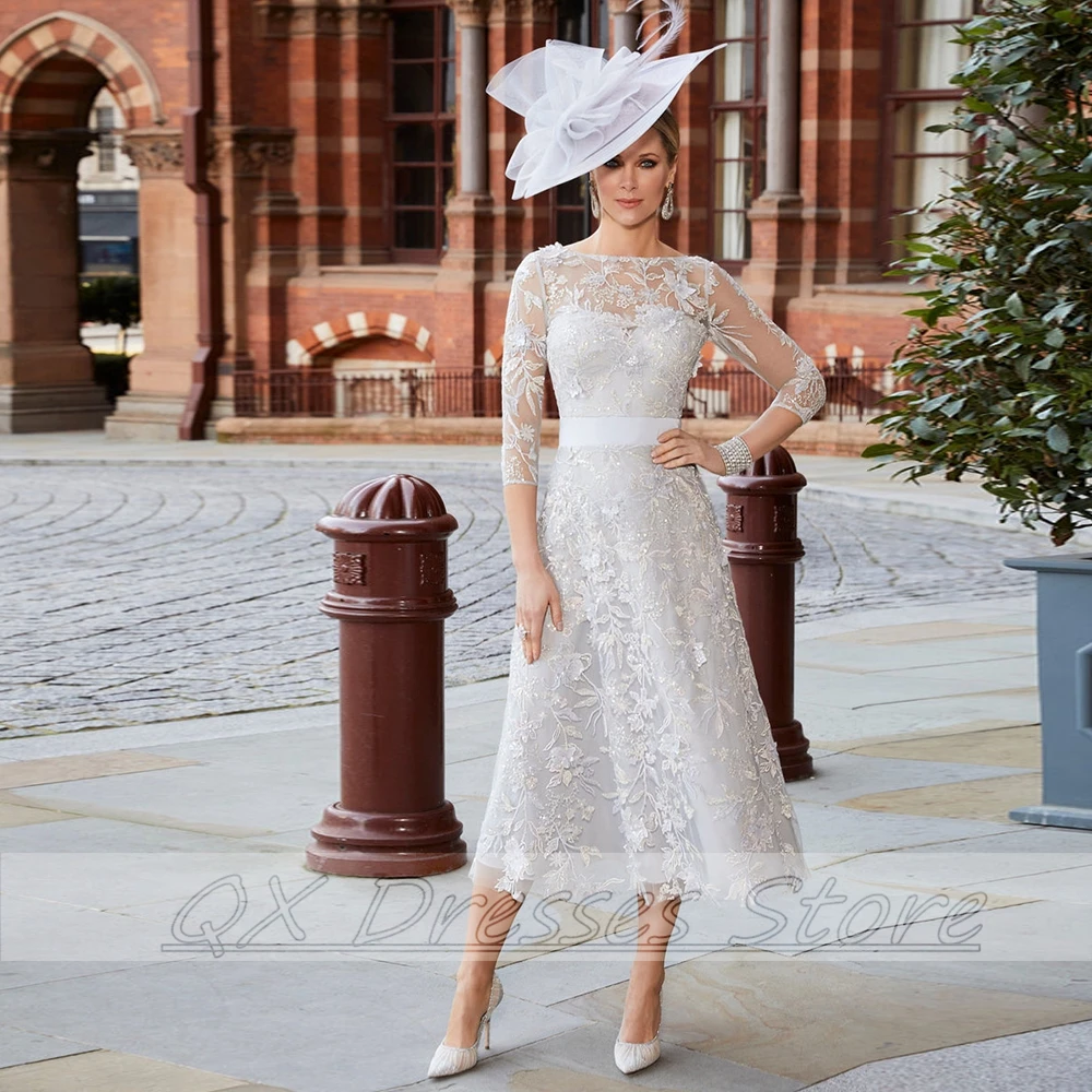 Vestido de madre de la novia bordado con apliques blancos simples, personalizado, ilusión de línea A, vestido de invitados de boda de tres cuartos