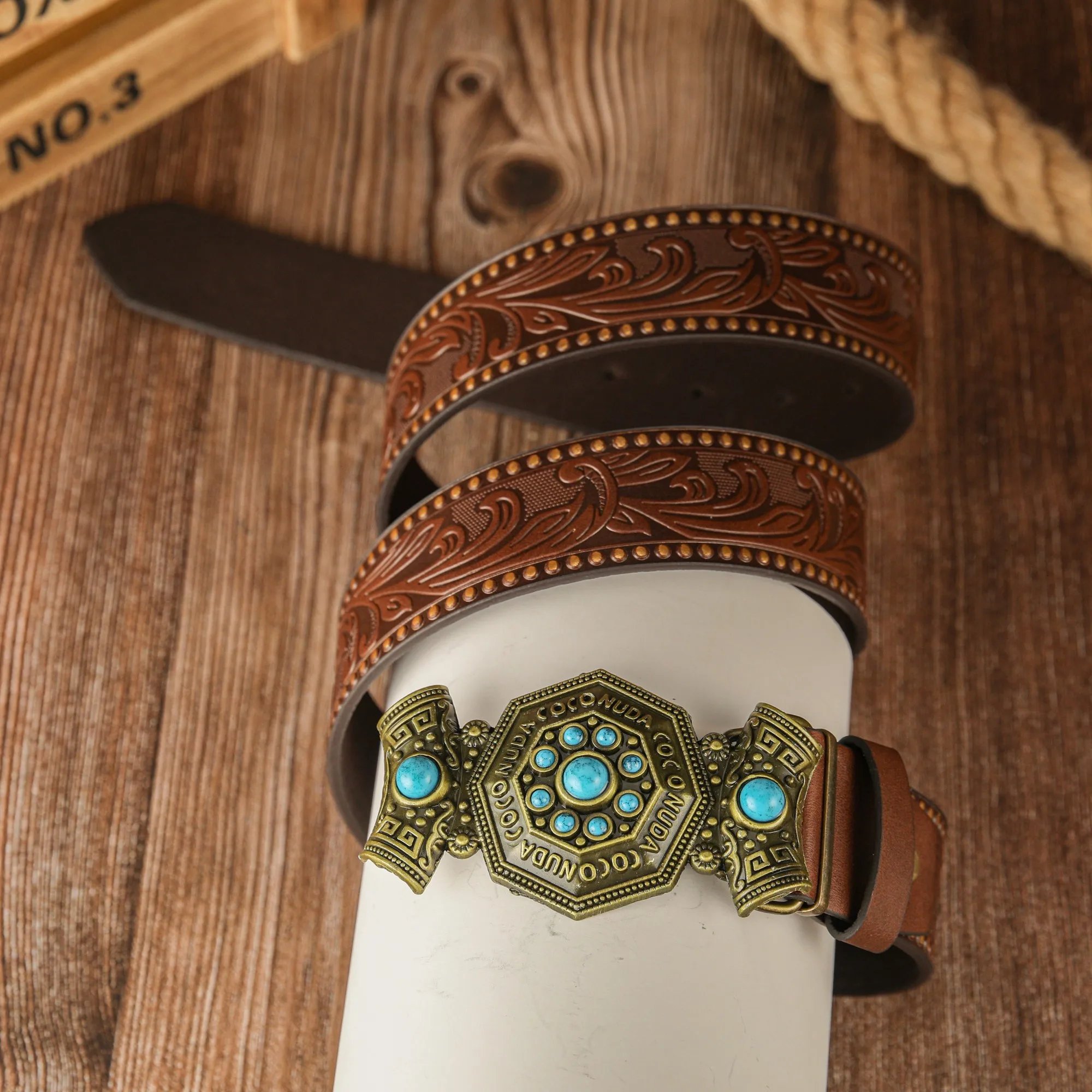 Blue turquoise candy zinc alloy buckle, retro and individual phoenix tail pattern PU embossed hand-painted belt, unisex belt