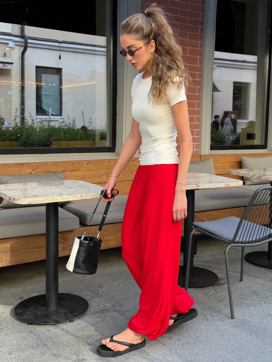 DFDG Women 2026 Spring Autumn Soft Modal Harem Pants Elastic High Waist Loose Drape Cuffed Ankle Wide Leg Casual Daily Trousers