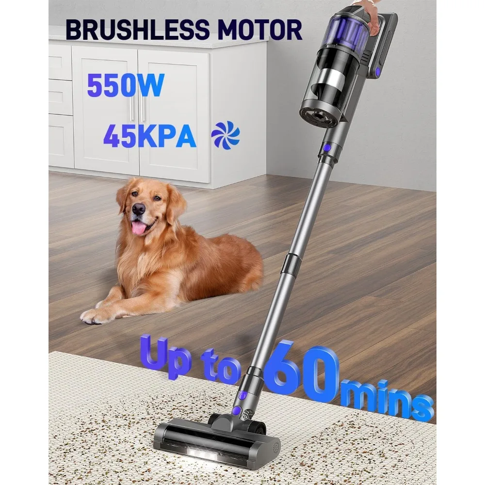 مكنسة كهربائية لاسلكية، مكانس كهربائية للمنزل، 45KPA 550W عصا محمولة محمولة 60 دقيقة وقت التشغيل بطارية قابلة للشحن للحيوانات الأليفة