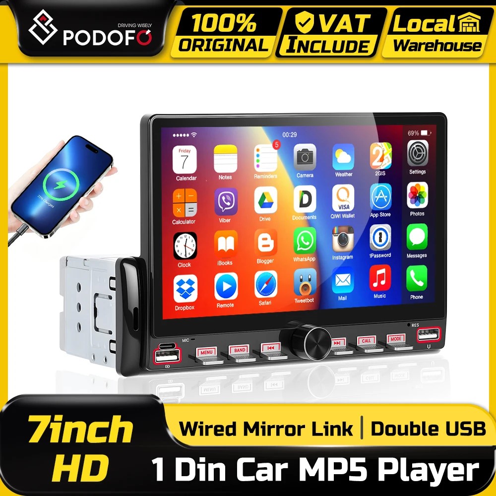Podofo 1 Din Autoradio 7'' Touchscreen MP5 Multimedia-Player 1Din Auto-Stereoanlage FM-Radio Bluetooth Mirror Link USB Typ-C AUX Lenkradfernbedienung