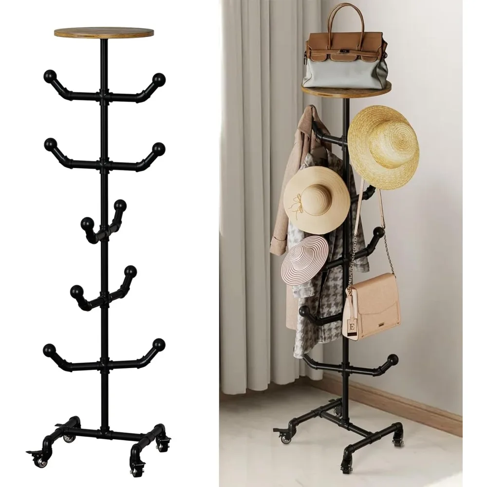 

Industrial Hat Rack, 5 Tier Black Metal Pipe Display Stand FreestandingOrganizer with 10 Hangers