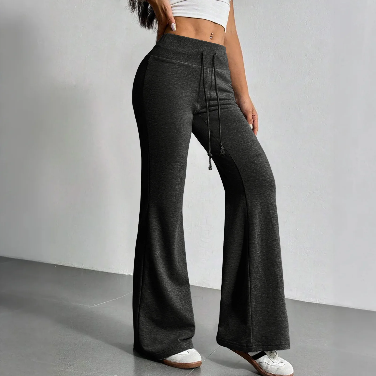 Damen-Hose mit hoher Taille, fließendem Schnitt, Kordelzug, weitem Bein, lässiger Sport-Sweatpants, lockere Passform, Streetwear, weich, Sommermode. – Detail 10