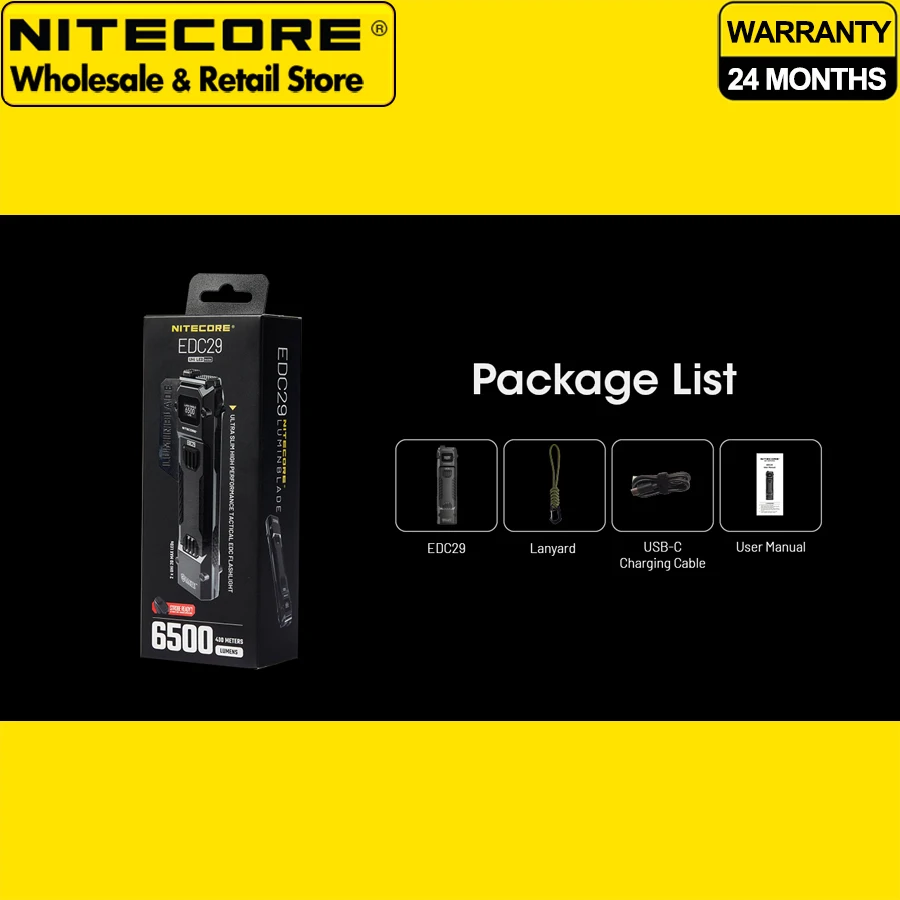 كشاف بحث تكتيكي NITECORE EDC29 6500 لومن فائق النحافة عالي الأداء EDC مصباح يدوي مدمج بقدرة 2500 مللي أمبير في الساعة بطارية ليثيوم أيون