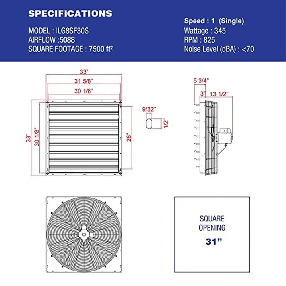 30" Ventilatore di scarico per otturatore a parete Casa Soffitta Capannone Garage Ventilazione Pala 5088 CFM Resistente agli agenti atmosferici Potente e