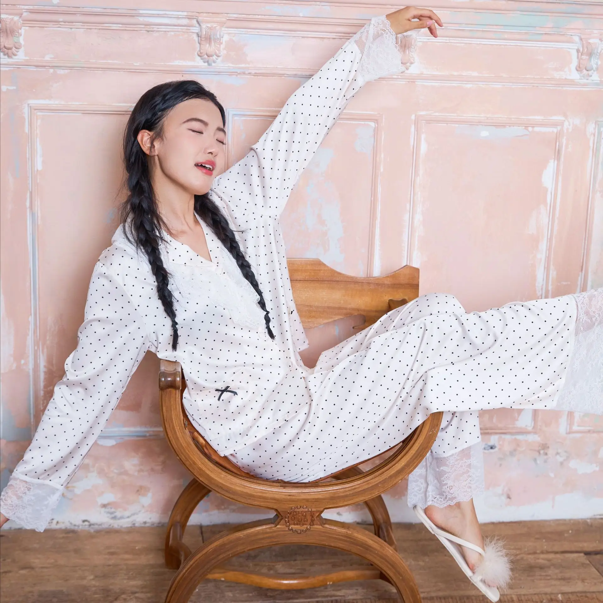 Women Fashion Polka Dot Print Satin Pajamas Lace Trim Long Sleeve Shirt Pants Set 2 Piece Sleepwear ﻿