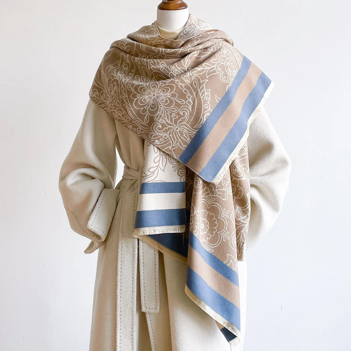 Winter Warm Cashmere Feel Scarf Women Vintage Ornate Floral Stripe Print Fringed Shawl Wrap Thick Soft Reversible Design