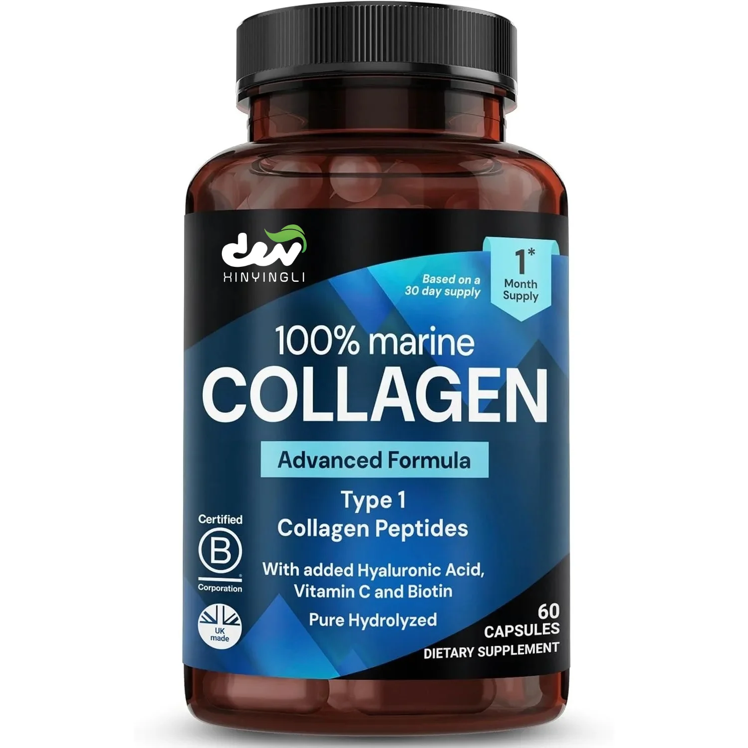 Marine Collagen Capsules for Women & Men, Type I Peptides with Hyaluronic Acid, Vitamin C & Biotin, Beauty Glow Nails, 60 Count