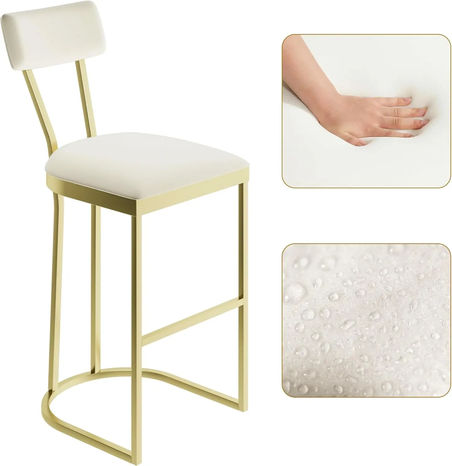 Set of 2 - High Back Counter Height Bar Stools with White Velvet Upholstery & Gold Metal Legs, Soft Padded Kitchen Island Stools