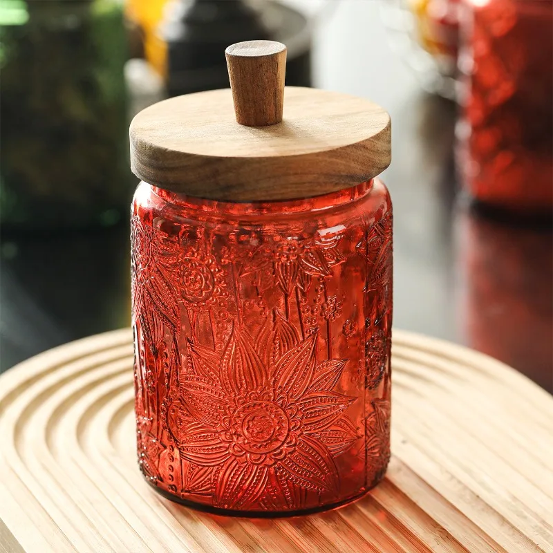 Tarro de almacenamiento redondo de vidrio de colores creativo, frasco de vidrio en relieve para nueces, dulces, flor de Begonia, para granos de café, contenedor de té, decoración del hogar
