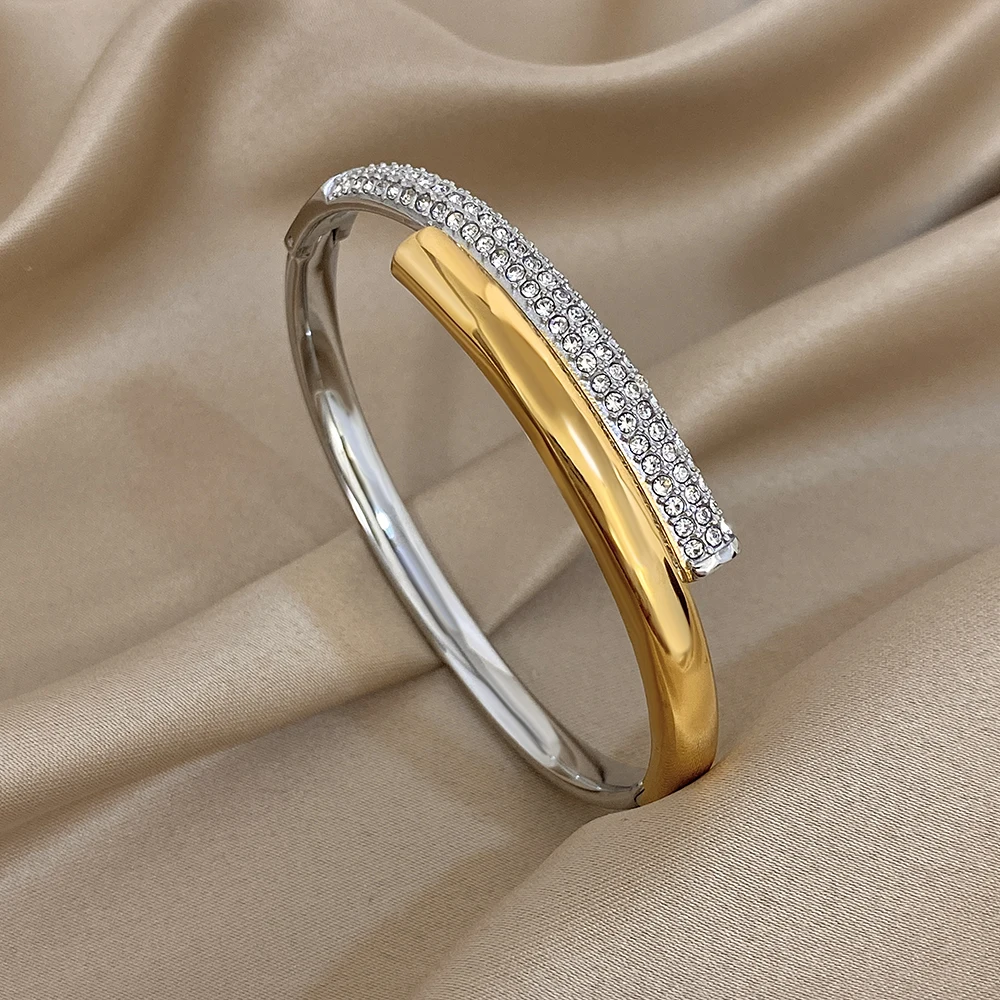 

Freetry Minimalist Smooth Zircon Stainless Steel Bracelet Women Elegant Geometry Golden Silvery Mixed Color Open Bangle Bracelet