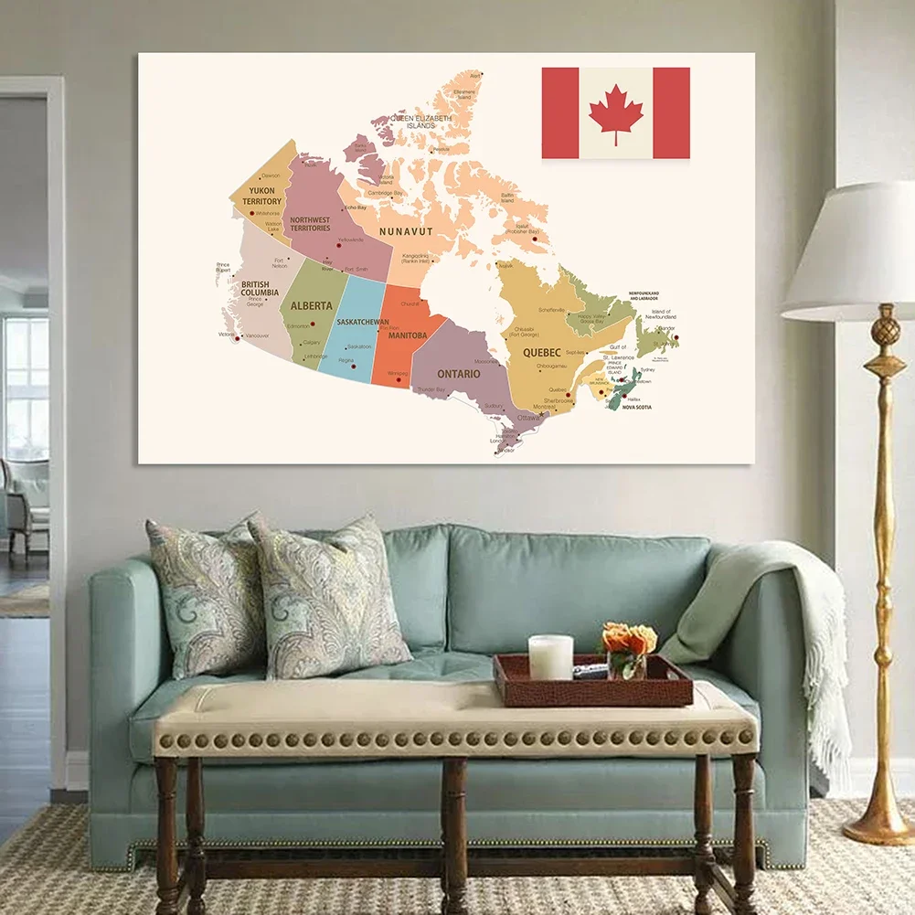 Imagem -03 - Canadá Mapa Político Grande Cartaz Não-tecido Lona Pintura Parede Sala de Aula Decoração para Casa Material Escolar 225*150cm o