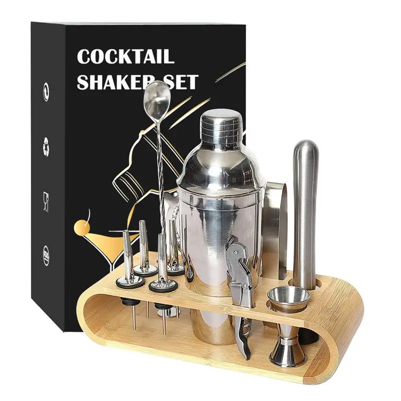 12PCS Set With Bars for Bartender Kit Set Wholesale Bar Tools Set 304 Stainless Steel Wooden Frame