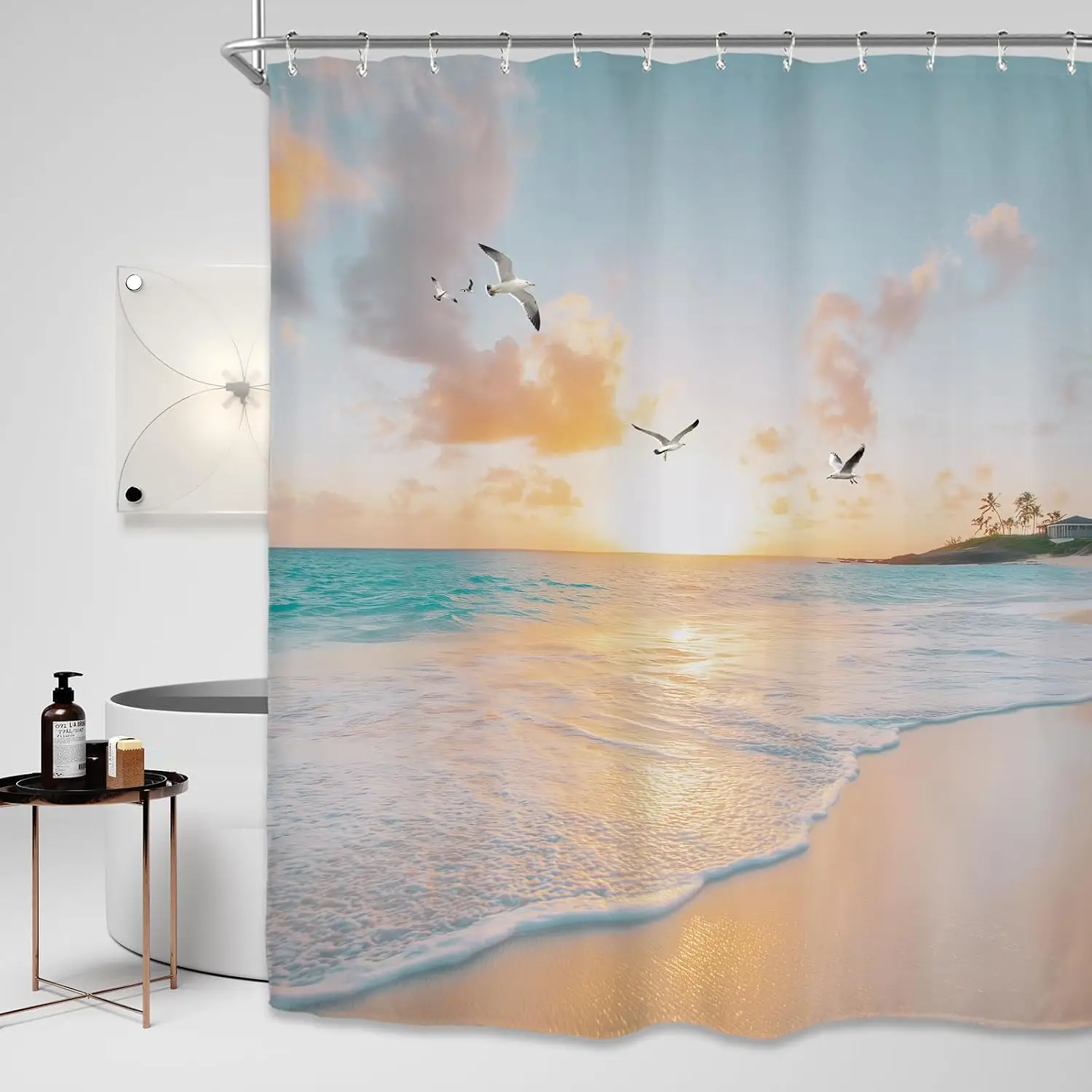 Waterproof Beach Shower Curtain Polyester Coastal Ocean Sunset Bathroom Decor Seascape Tropical Home Accent Curtain