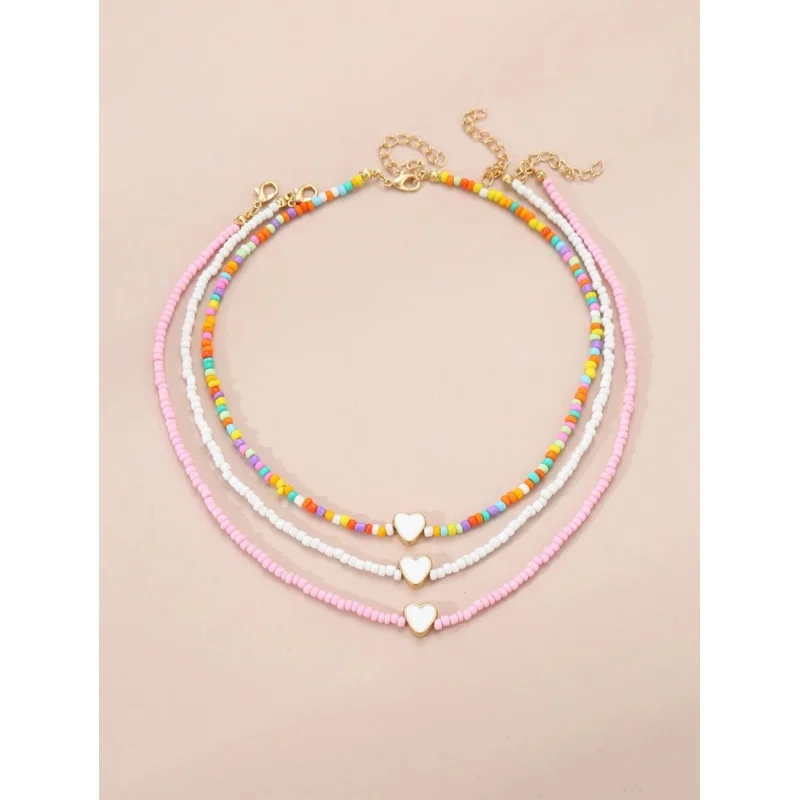 3pcs/Set Girls' Colorful Beaded Heart Necklace Set, Decorative Accessory For Daily Wear