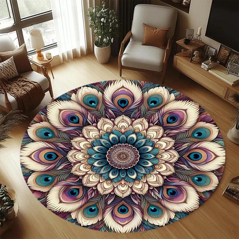 Exquisite Mandala Pattern Round Carpet Luxurious Peacock Feather Design Durable Area Rug Living Room Bedroom Home Decoration Mat