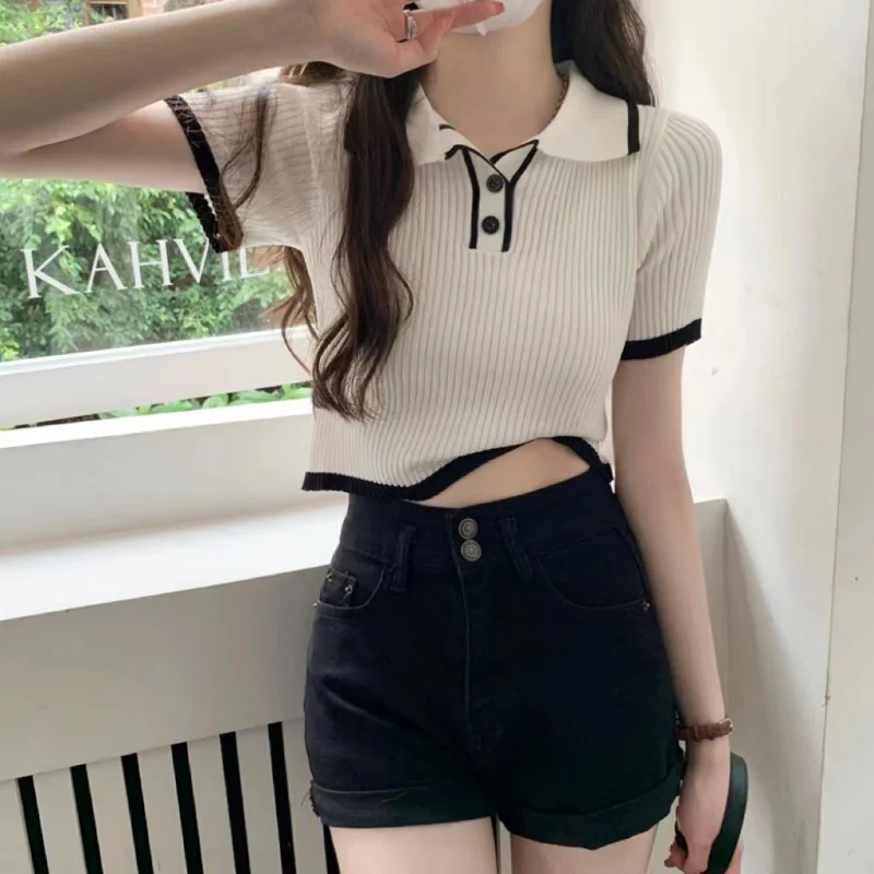 Contrast Color Polo Collar Shoulder Knitted Short Sleeves T-shirt Women\'s Summer Slim-Fitting Design Sense Niche Short Tops