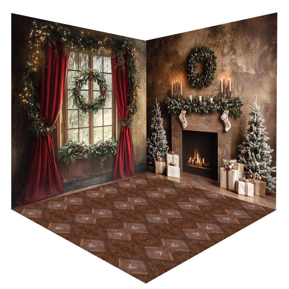 

Photography Background Christmas Retro Fireplace Window Xmas Tree Gift Kids Family Portrait Decor Backdrop Photo Studio