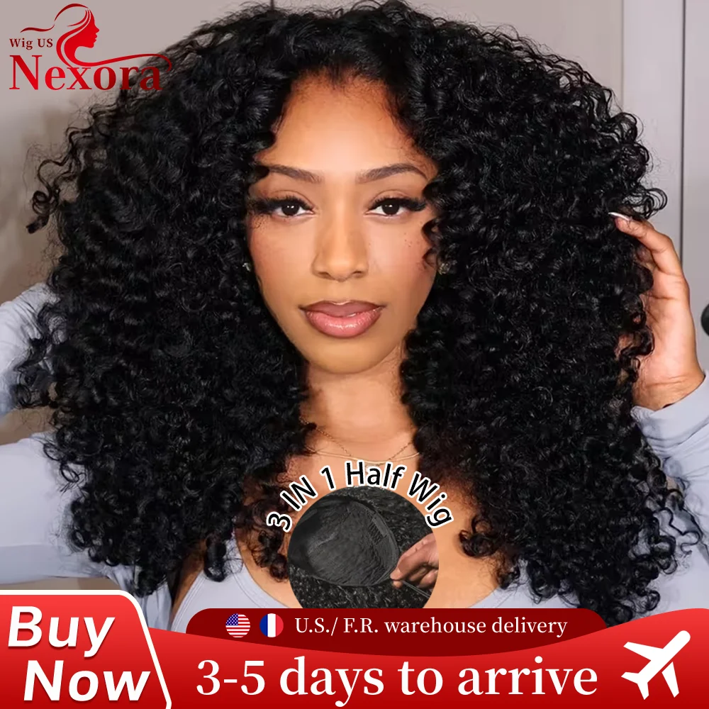 

3 In 1 Human Hair Half Wig Drawstring Clip In Deep Curly Glueless Wig Natural Color Seamless Natural Looking For Women 30 Inch