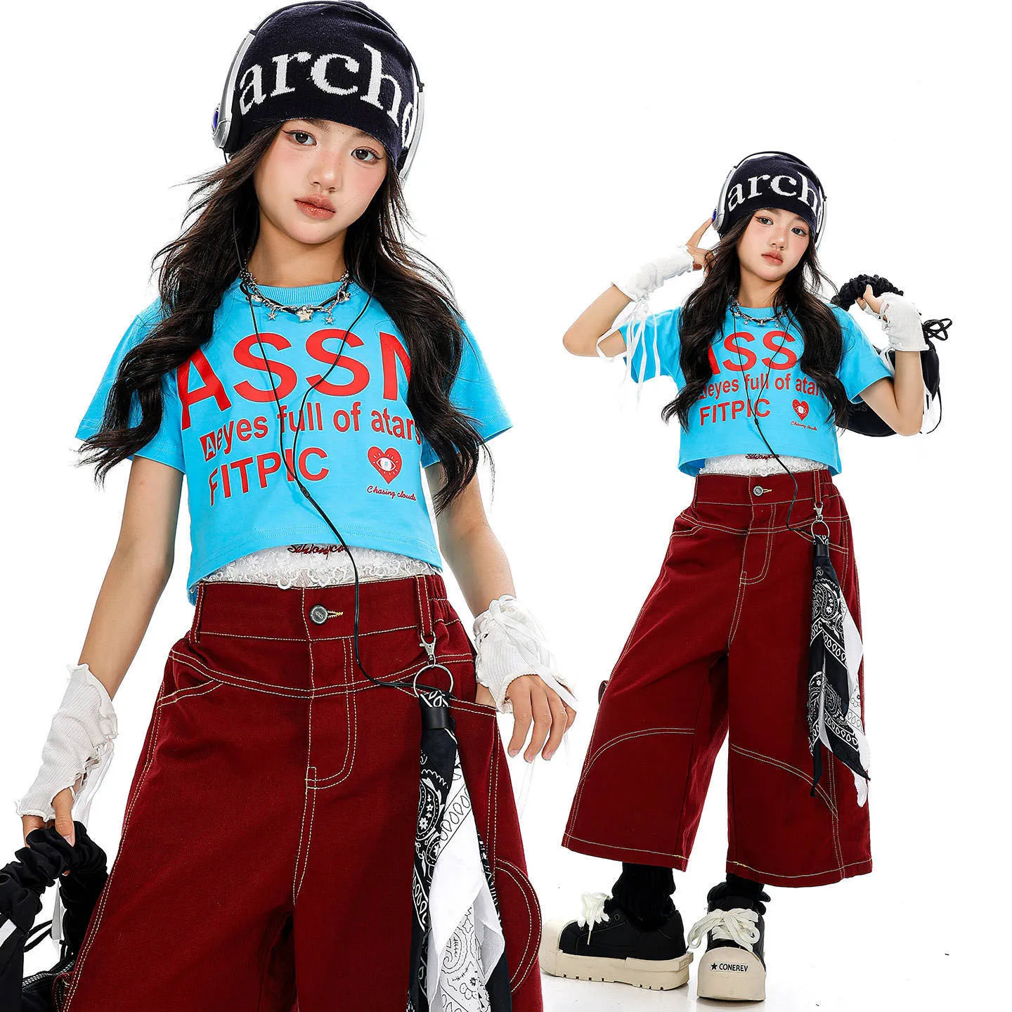 Enfant Kpop Hip Hop vêtements bleu culture t petit haut vin rouge décontracté jambe large poche Capri pantalon pour filles Jazz danse Costume vêtements